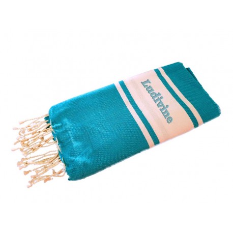 Fouta enfant de plage traditionnelle brodée turquoise 140x70 cm