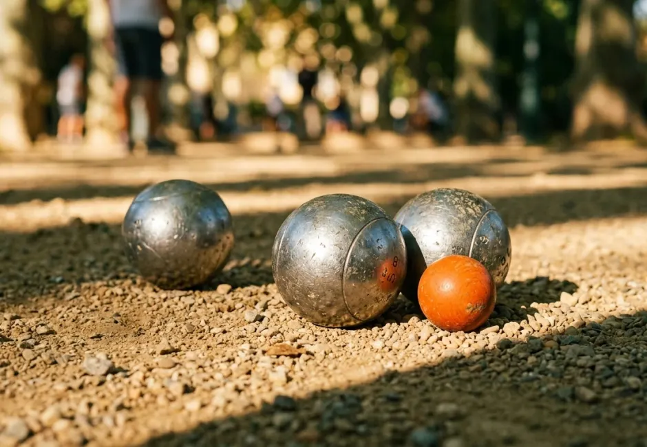 Boules de pétanque sur un terrain de gravier