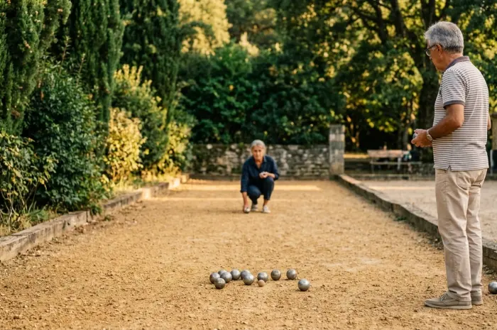 Joueurs et boules sur un terrain de pétanque